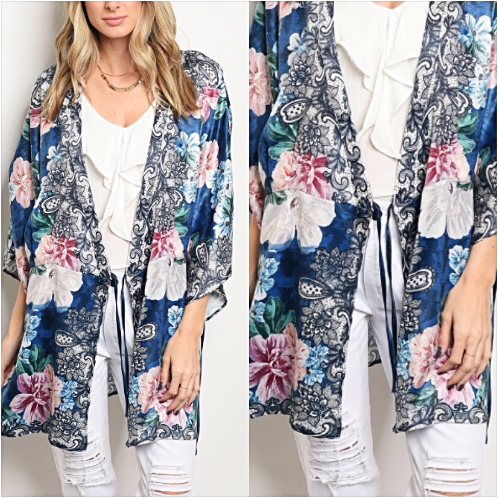 Boho Silky Floral Kimono Wrap Coverup LxL - Picture 6 of 7